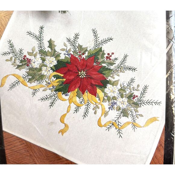 BUCILLA Vintage Stamped Embroidery Victorian Poinsettia Table Runner 13.5"x 44" - Picture 2 of 6